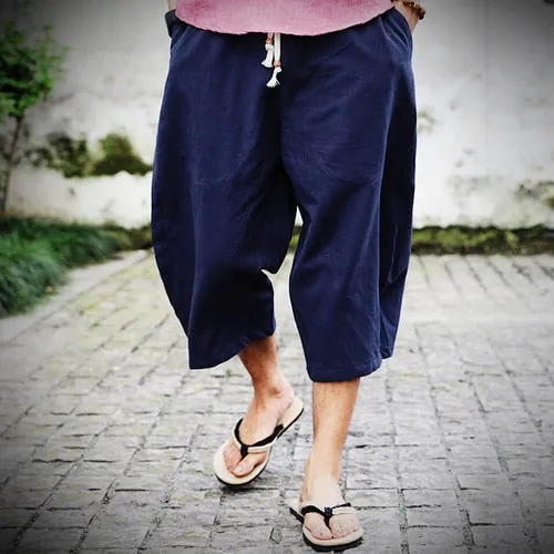 2019 Cotton Linen Baggy Cross Pants Men Hanging Crotch Hip Hop Bloomers Pants men's Calf-Length Harem Pants Linen Trousers Man