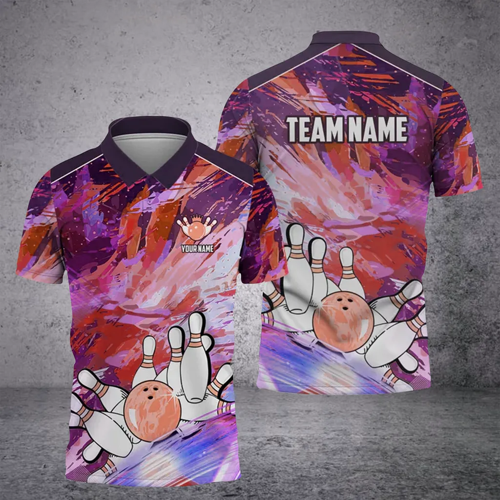 Coolspod Bowling And Pins Art Of Painting Multicolor Customized Name 3D Polo Shirt