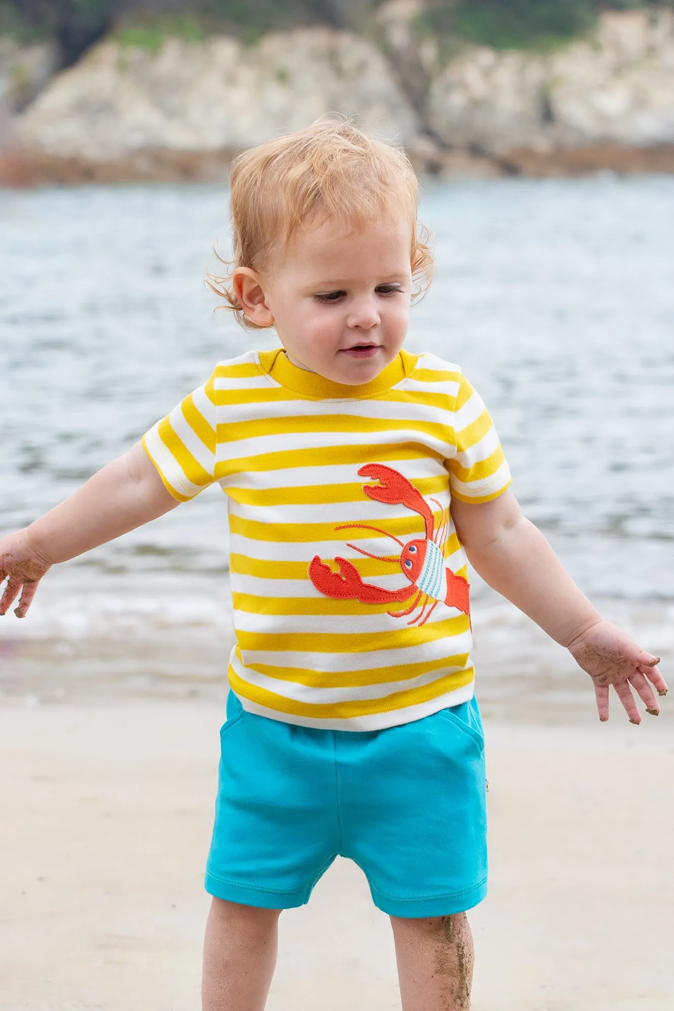 Frugi Organic Easy On Outfit - Dandelion Stripe / Lobster