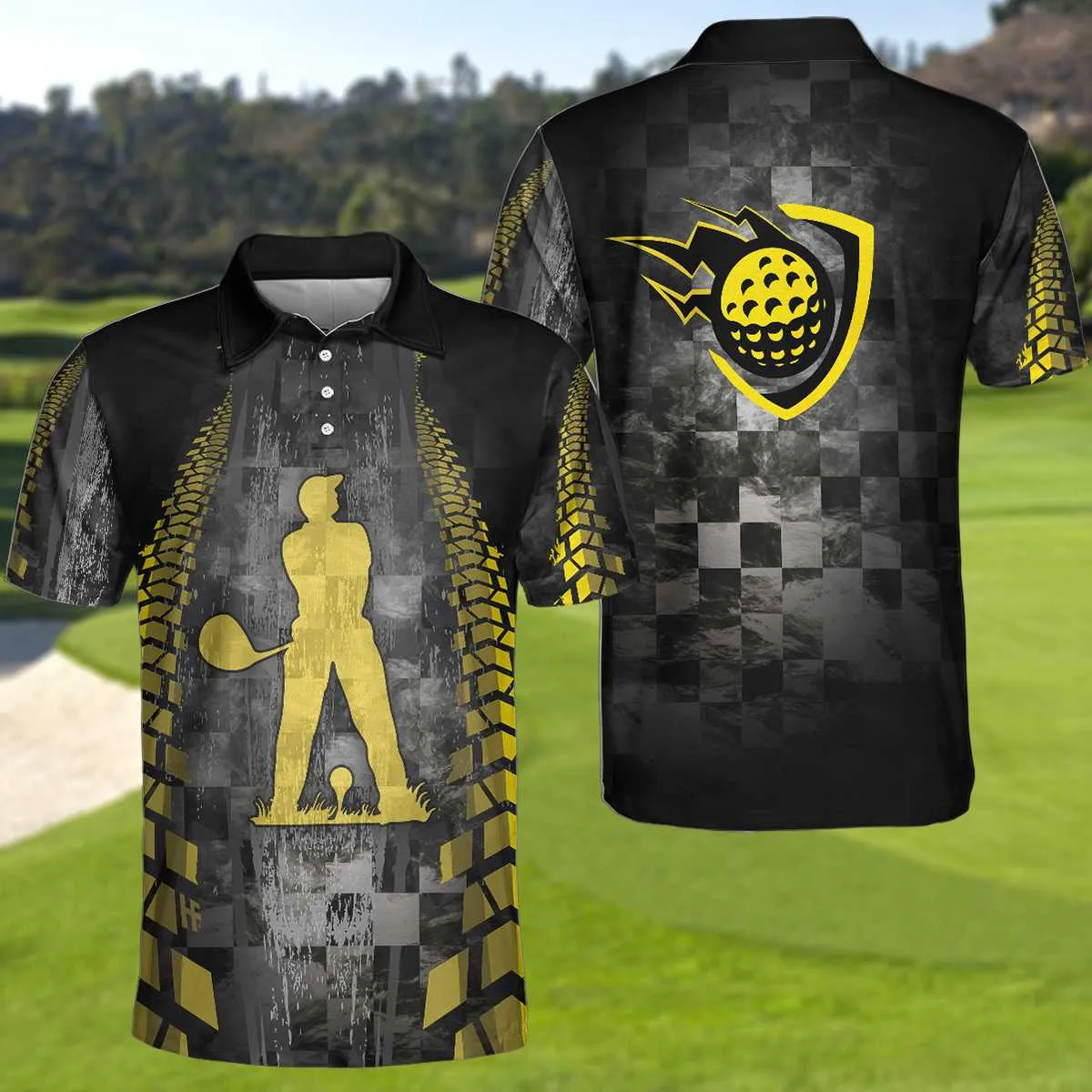 Golfer On Yellow Silhouette Polo Shirt, Checker Pattern Racing Polo Shirt, Best Golf Shirt For Men Coolspod