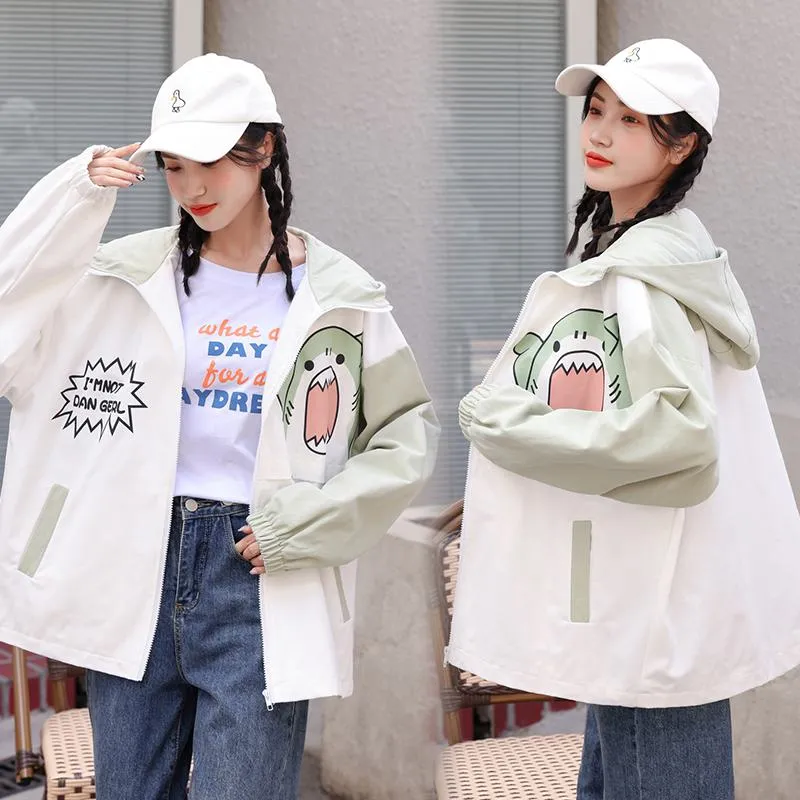 Printed Loose Fit Harajuku Style Cute Raincoat Hooded Jacket