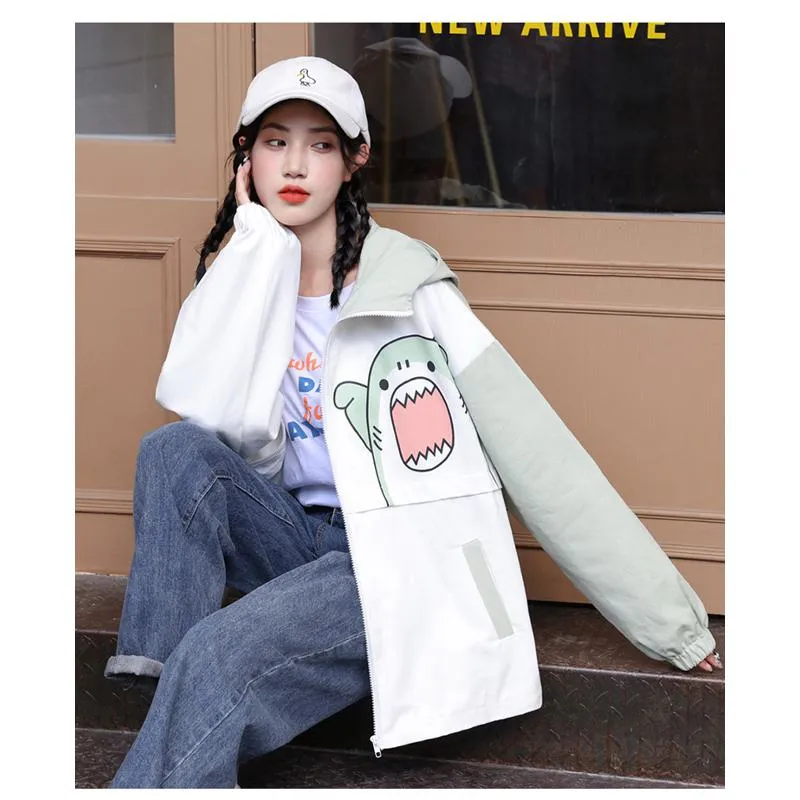Printed Loose Fit Harajuku Style Cute Raincoat Hooded Jacket