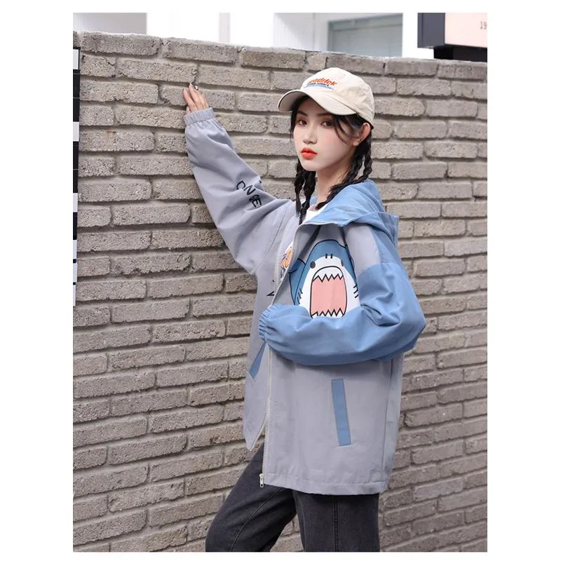Printed Loose Fit Harajuku Style Cute Raincoat Hooded Jacket