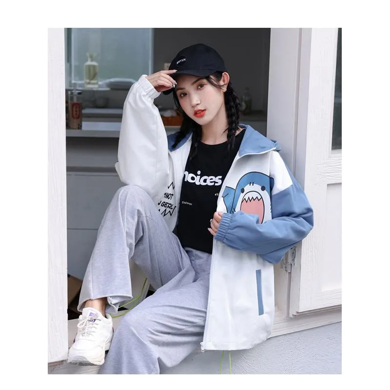 Printed Loose Fit Harajuku Style Cute Raincoat Hooded Jacket