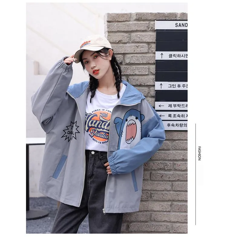 Printed Loose Fit Harajuku Style Cute Raincoat Hooded Jacket