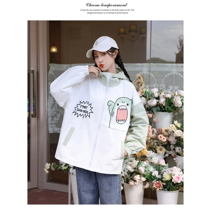 Printed Loose Fit Harajuku Style Cute Raincoat Hooded Jacket