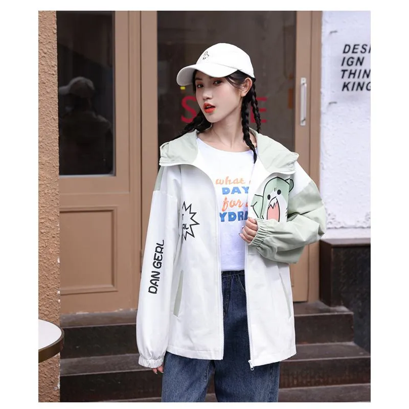 Printed Loose Fit Harajuku Style Cute Raincoat Hooded Jacket