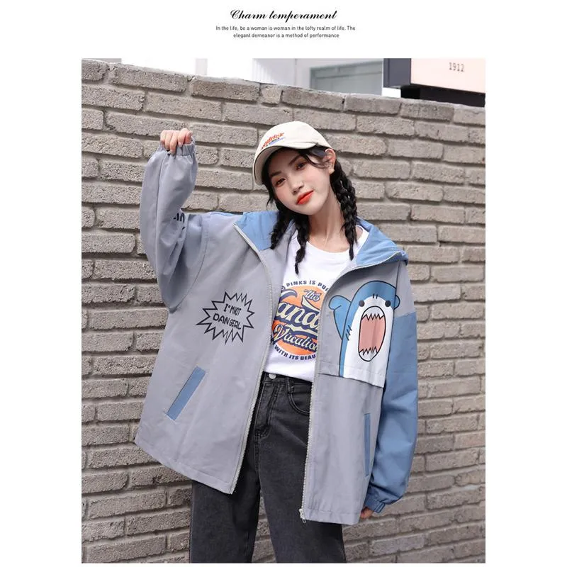 Printed Loose Fit Harajuku Style Cute Raincoat Hooded Jacket