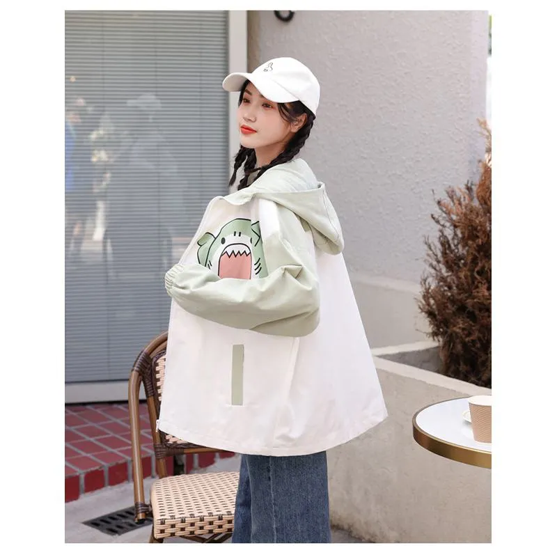 Printed Loose Fit Harajuku Style Cute Raincoat Hooded Jacket