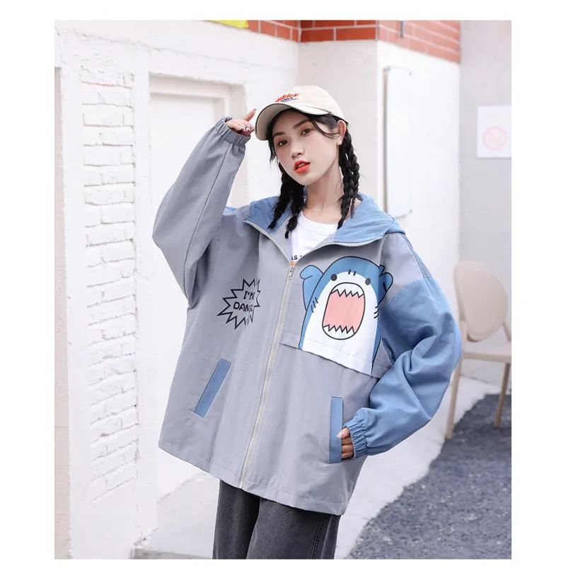 Printed Loose Fit Harajuku Style Cute Raincoat Hooded Jacket