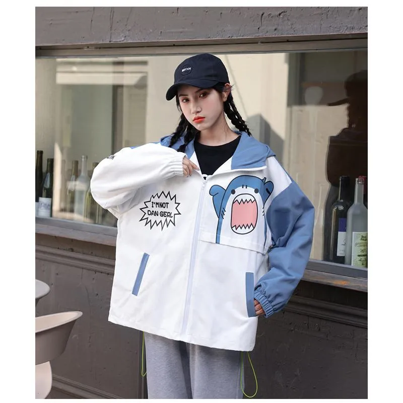 Printed Loose Fit Harajuku Style Cute Raincoat Hooded Jacket