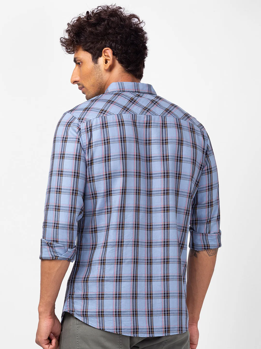 Spykar Men Lt Grey Cotton Regular Fit Checkered Shirts