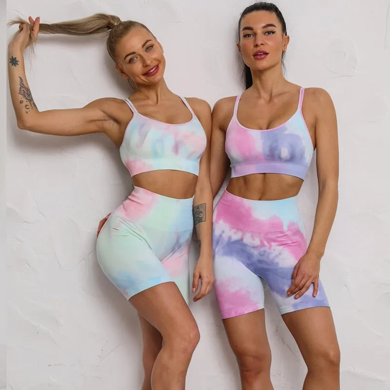 Women Tie And Dye Bra High Waist Leggings Sportswear Set