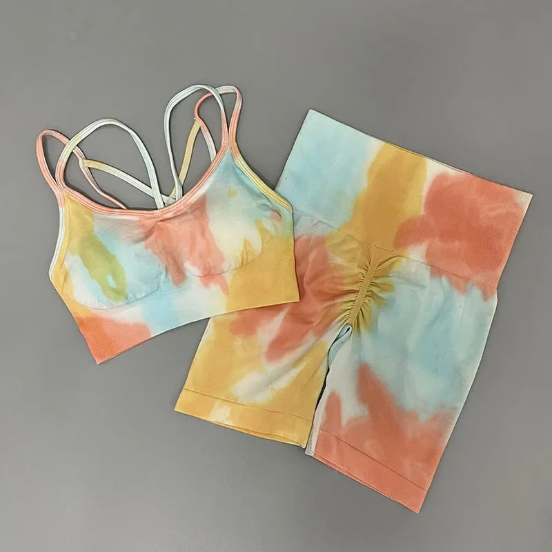 Women Tie And Dye Bra High Waist Leggings Sportswear Set
