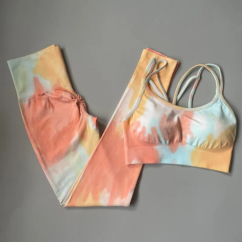 Women Tie And Dye Bra High Waist Leggings Sportswear Set