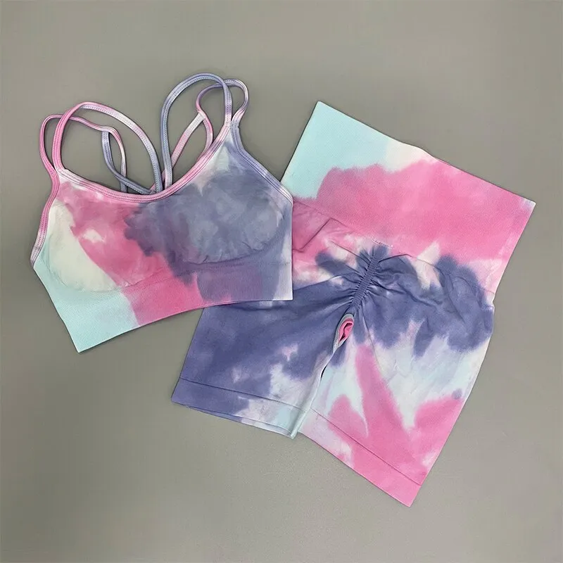 Women Tie And Dye Bra High Waist Leggings Sportswear Set
