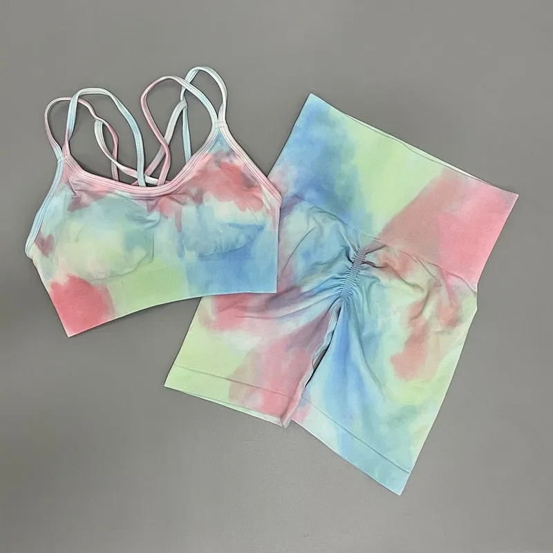 Women Tie And Dye Bra High Waist Leggings Sportswear Set