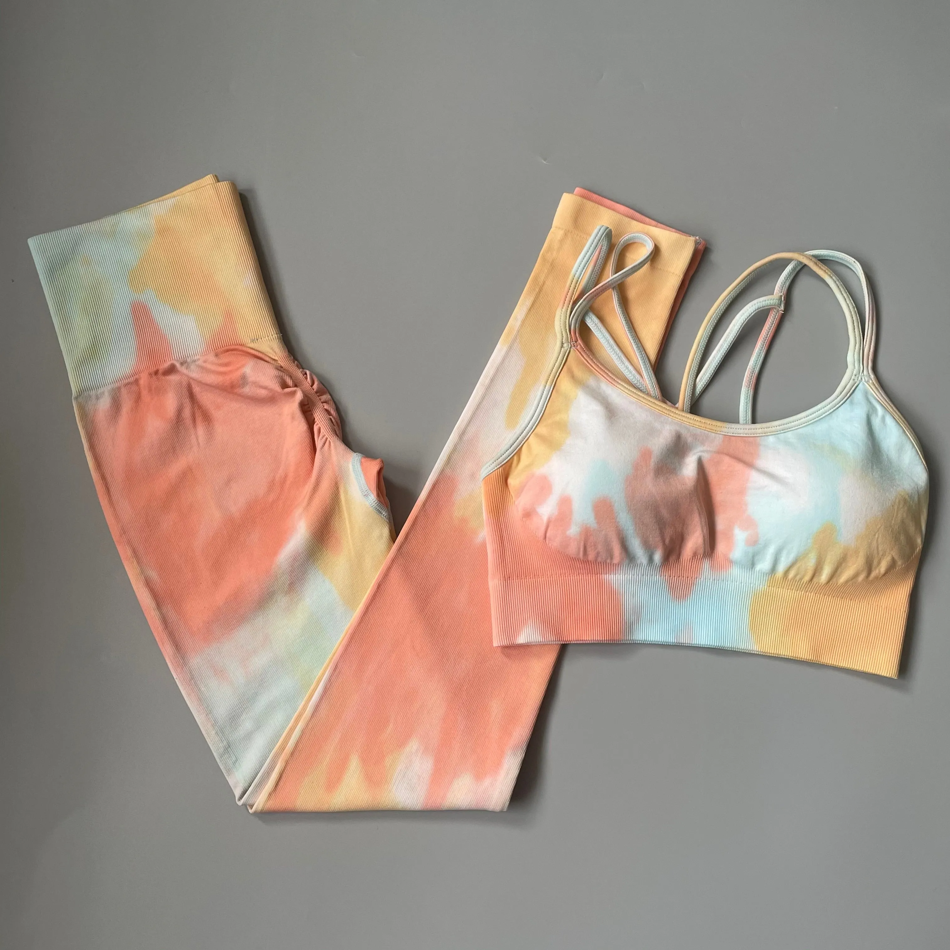 Women Tie And Dye Bra High Waist Leggings Sportswear Set