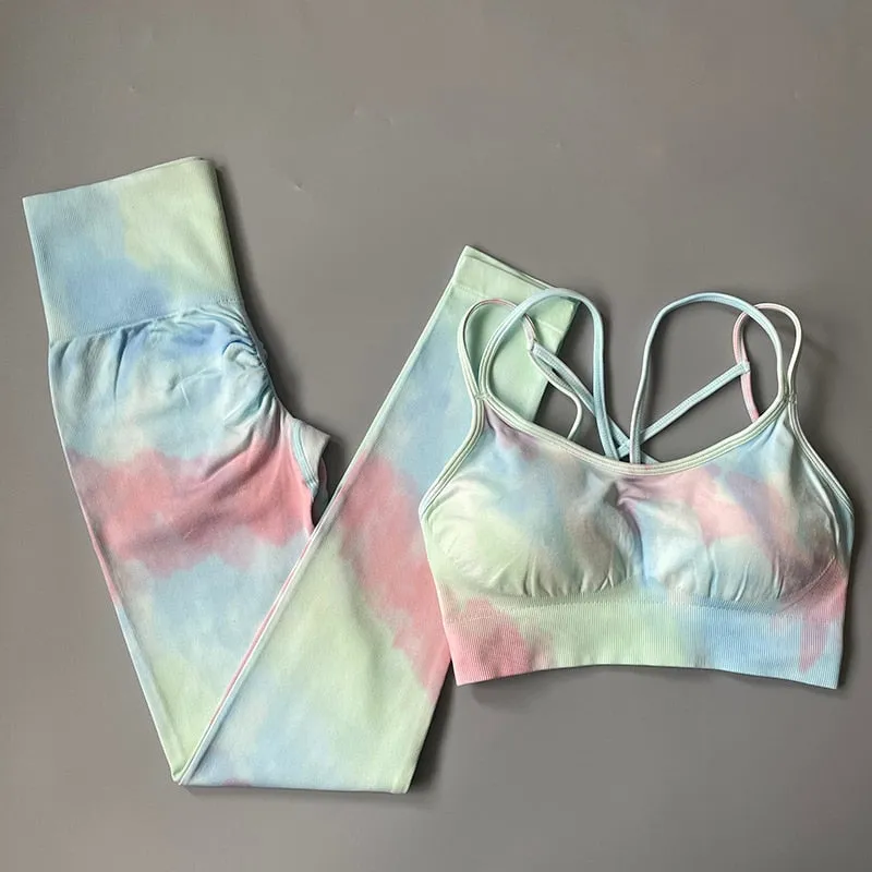 Women Tie And Dye Bra High Waist Leggings Sportswear Set