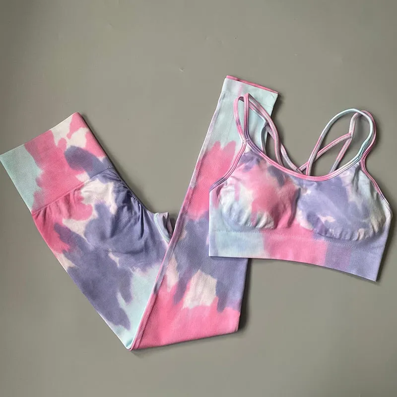 Women Tie And Dye Bra High Waist Leggings Sportswear Set